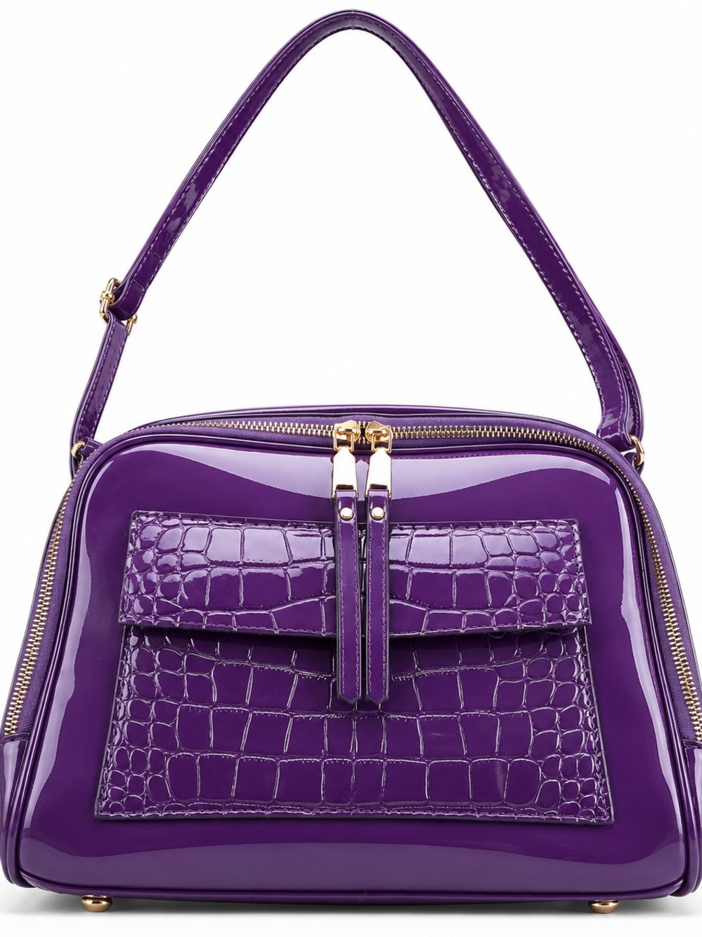 Glossy Purple Croc-Embossed Patent Crossbody Shoulder Bag